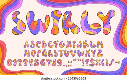 Rainbow 70s groovy font, psychedelic type, retro 60s hippie typeface, bold wavy alphabet with funky uppercase letters and numbers. Vector typography groovy english abc characters in colorful frame