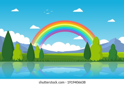 Regenbogen über dem Teich Naturlandschaft Landschaftsbild Illustration