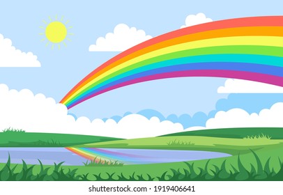 Rainbow above Pond Lake Nature Landscape Scenery Illustration