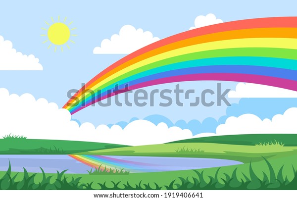 Rainbow above Pond Lake Nature Landscape Scenery Illustration