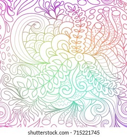 Rainbow abstract background with colorful ornament. Hand draw illustration, coloring zentangle. Algae sea motif.