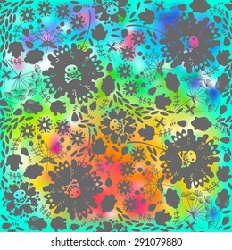 Rainbow abstract background with doodle flowers and skull.