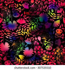 Rainbow abstract background with doodle flowers and skull.