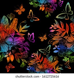 Rainbow abstract flower with butterflies. Mixed media. Seamless background. Vector illustration