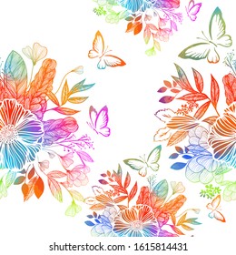 Rainbow abstract flower with butterflies. Mixed media. Seamless background. Vector illustration