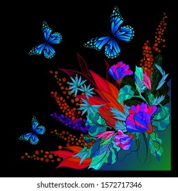 Rainbow abstract flower with butterflies. Vector illustration