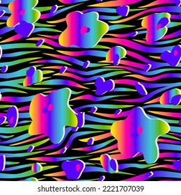Rainbow abstract flowers on a background of rainbow zebra stripes. Vector seamless pattern for printing on fabric and paper.