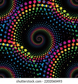 Rainbow abstract halftone seamless pattern on the black background. Vector illustration.