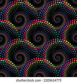Rainbow abstract halftone seamless pattern on the black background. Vector illustration.