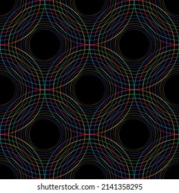 Rainbow abstract lines circles halftone seamless pattern on the black background. Vector illustration.