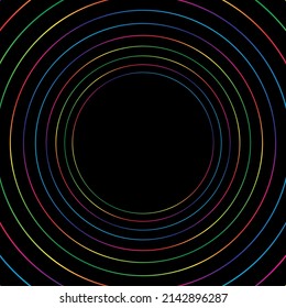 Las líneas abstractas del arcoiris rodean el marco de medio tono sobre el fondo negro. Ilustración vectorial.
