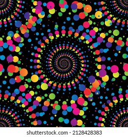 Rainbow abstract mandala halftone seamless pattern on the black background. Vector illustration.