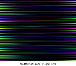 Rainbow abstract pattern. Bright colorful print composed of purple, blue, green and pink lines on black background. Striped colored background.