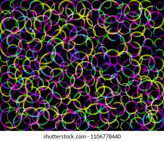 Rainbow abstract pattern. Geometric print composed of colorful circles on black background. Soap bubbles.