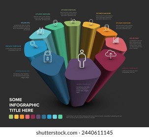 Rainbow abstract shape infographic made of ten simple elements with icons and description. Multipurpose infochart schema diagram template on a dark background