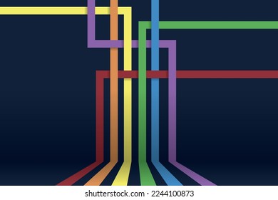 Rainbow Abstract Shapes on Dark Blue Background from Kaleidoscope Poster. Modern Minimalist Lines, Pipes, Wires