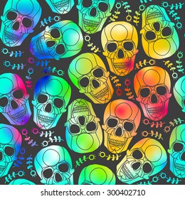 Rainbow abstract vector background with doodle flowers  and skull.