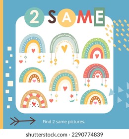 Rainbow activities for kids. Find two same pictures. Logic games for kids. Vector illustration. Book square format.