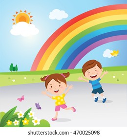 Rainbow after the rain. Vector illustration of a little boy and girl playing happily under the rainbow.