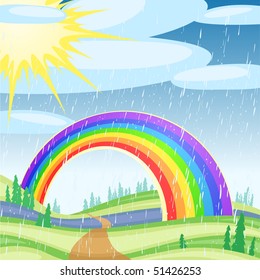 Rainbow against the solar blue sky with clouds