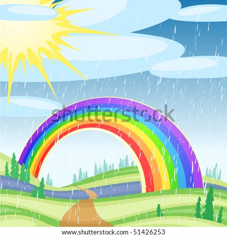 Rainbow against the solar blue sky with clouds