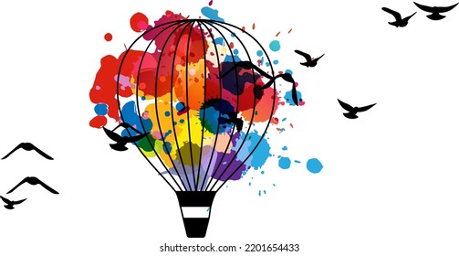 Rainbow air balloon with birds. Colorful abstract conceptual vector composition with splash paint decoration. Design element for travel, adventure, holiday or festival.