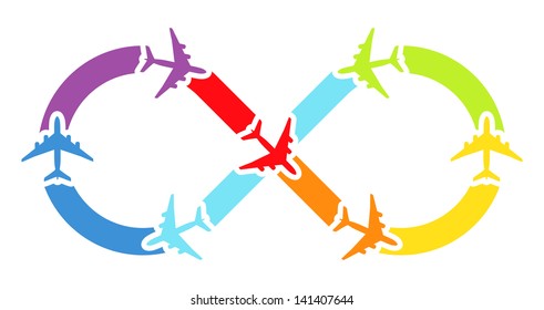 Rainbow airplanes infinity. Vector illustration.