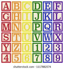 Rainbow Alphabet Blocks - Complete set of 26 letter blocks (A through Z) and 10 number blocks (0 through 9)