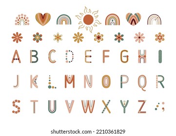 Rainbow Alphabet Letter Set In Retro Colors In 70 S Groovy Style With Flowers, Hearts And Sun. Vintage Rainbows For Wall Decor, Cards, Prints, Posters. Vector Illustration In Seventies Style.