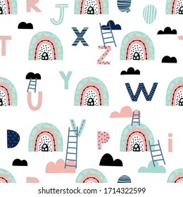Rainbow and alphabet letters with clouds hand drawn seamless vector fill. Cute childish drawing. Baby wrapping paper, textile, vector illustration 
