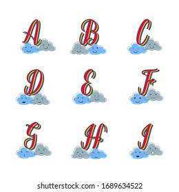 Rainbow alphabet set. Colorful abcdefghi letters. Lettering type characters with emoticon clouds. Vector illustration font for education cards banners tags journals and logos.