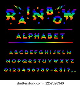 Rainbow alphabet. Vector of colorful cutted alphabet letters in a set. Bold uppercase ABC signs, symbols and numbers on black background. Stock typeface for your headers and any typography design.