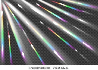 Rainbow angle prism rainbow light. Sun rays overlay effect. Stock vector illustration in realistic style on transparent background.