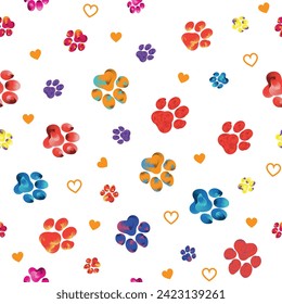 Rainbow animal paw print trails with hearts on a transparent background. Silhouettes of cat, dog footprint. Brushstroke vector illustration. For wallpaper, cover, textile, fabric prints