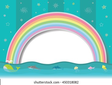 Rainbow with animals swimming in the sea. Colors background with night sky and sun white or speech bubble. Abstract design bohemian style. Concept environmentally friendly.