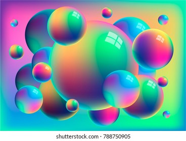 Rainbow anodized titanium balls with reflections. Vector gorizontal background with colorful ballons. 