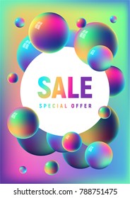 Rainbow anodized titanium balls with reflections. Vector vertical sale background with colorful ballons. 