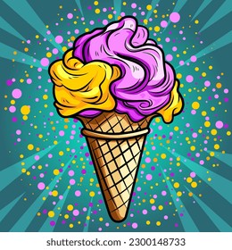 Helado arcoiris apetitoso en fondo de arte pop de cono de gofre, ilustración de cómic vectorial