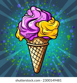 Helado arcoiris apetitoso en fondo de arte pop de cono de gofre, ilustración de cómic vectorial