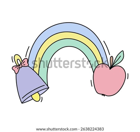 Rainbow, apple and bell. School sticker.