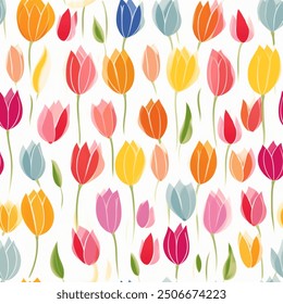 Rainbow Aqua Terra Brown French Grey White Abstract Tulip Flower Elegant Leaf Watercolor Scandinavian Design Seamless Pattern Wallpaper Curtain Bedding Upholstery Pastel Fabric Background Vector