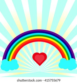 rainbow arc contrary heart in the center against a background of diverging rays