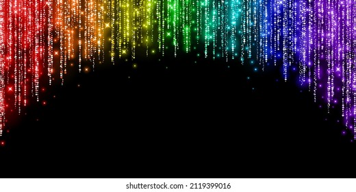 Rainbow arc glitter disco decoration garland on black background. Vector