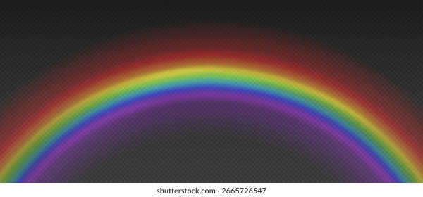 Rainbow arc with glowing spectrum after rain on transparent background for weather or nature designs. Bright curved band with vibrant hues and soft glow. Natural atmospheric phenomenon illustration.