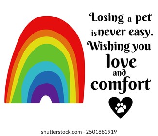 Rainbow Arc and Heart with Paw Print, Sympathy Pet Loss Card Vector Illustration