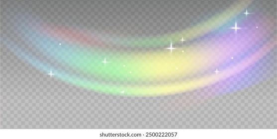 Rainbow arc highlights on a light checkered background. Glare or reflection glass in motion. Glittering particles for social media photo shots.