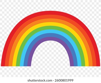 Rainbow arc with vibrant, bright colors including red, orange, yellow, green, blue, indigo, and violet on a transparent background.  Perfect for use in graphic design, websites, print materials, adver