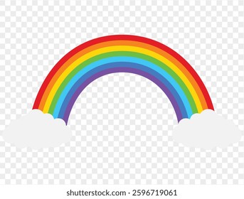 Rainbow arc with vibrant colors red, orange, yellow, green, blue, indigo, and violet resting on fluffy cloud. Perfect for designs, websites, and creative projects.vector