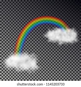 Rainbow arc with white clouds isolated on checkered background. Transparent magic rainbow decoration. Realistic clouds texture design. Editable vector illustration.