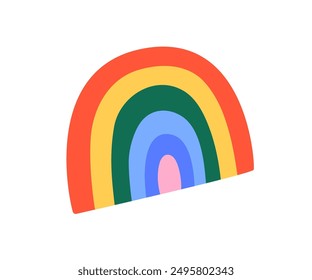 Rainbow arch, cute decoration. Colorful striped arc in kids baby doodle style. Funny happy multicolored design element, decor, clip art. Flat vector illustration isolated on white background